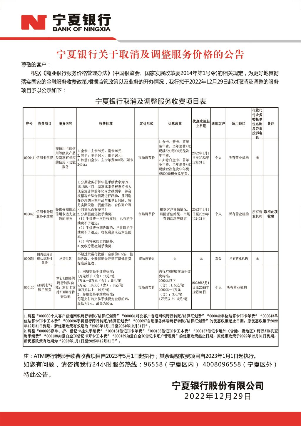 附件：宁夏银行关于取消及调整服务价格的公告-压缩版